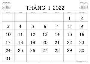 Lịch tháng 1 năm 2022