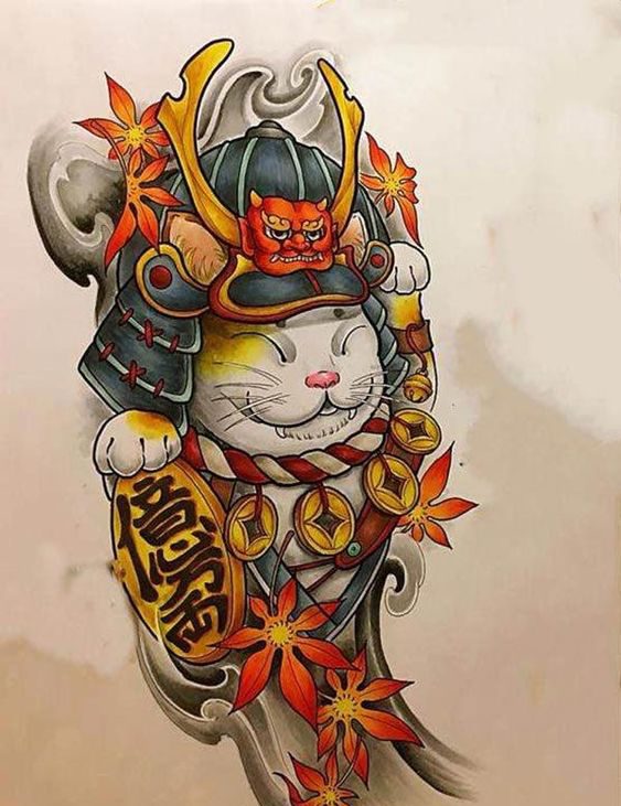 Hình xăm mèo thần tài samurai